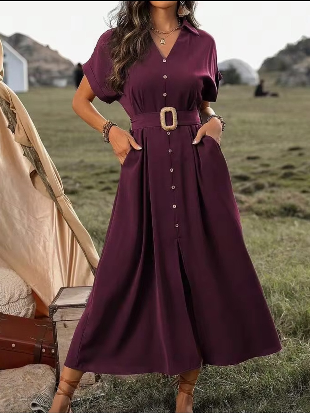 SHEIN Plum Button-Front Belted Maxi Dress